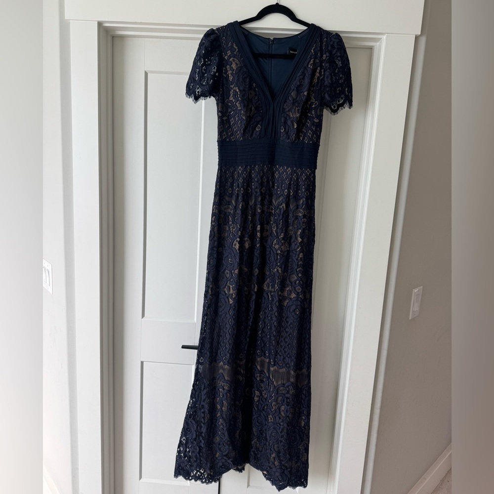 Tadashi Shoji Blue Flutter Sleeve V-Neck Gown